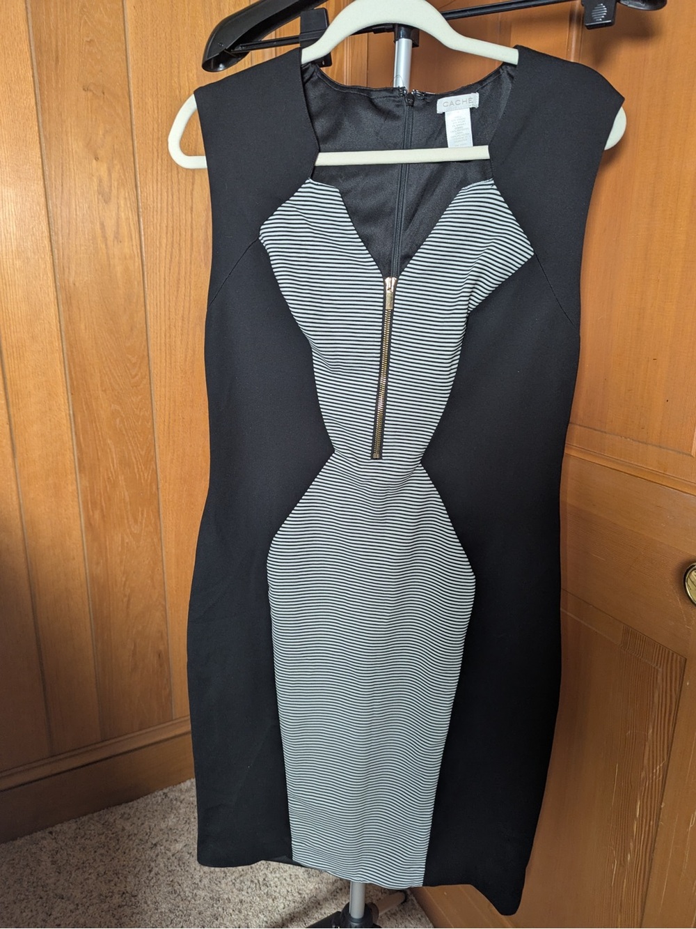 Cachet Black Midi Dress with Striped Ivory Center Panel and Gold Zip